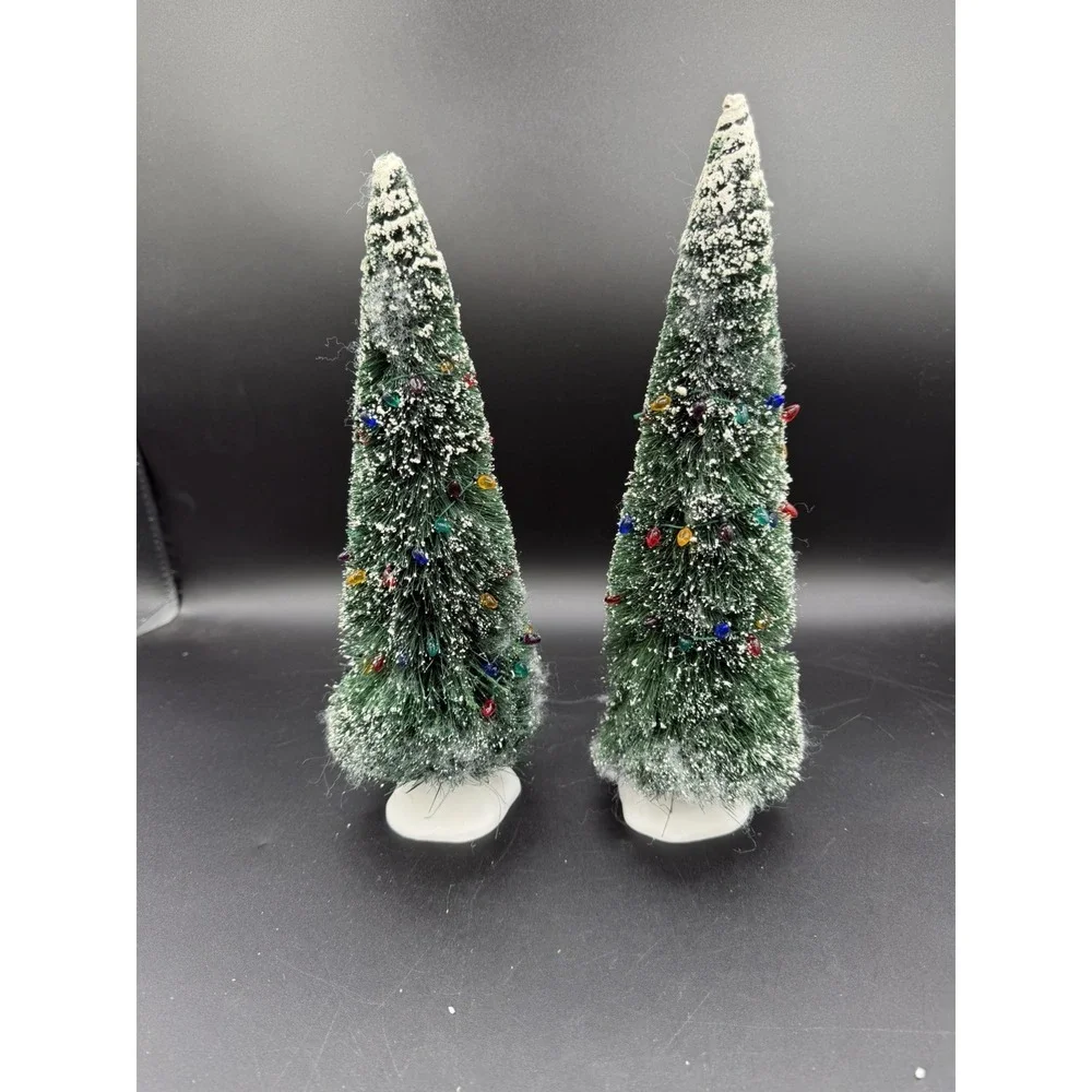 🎄✨ Dept 56 Village Frosted Topiary Trees w/ Christmas Light String–Set of 2–UC